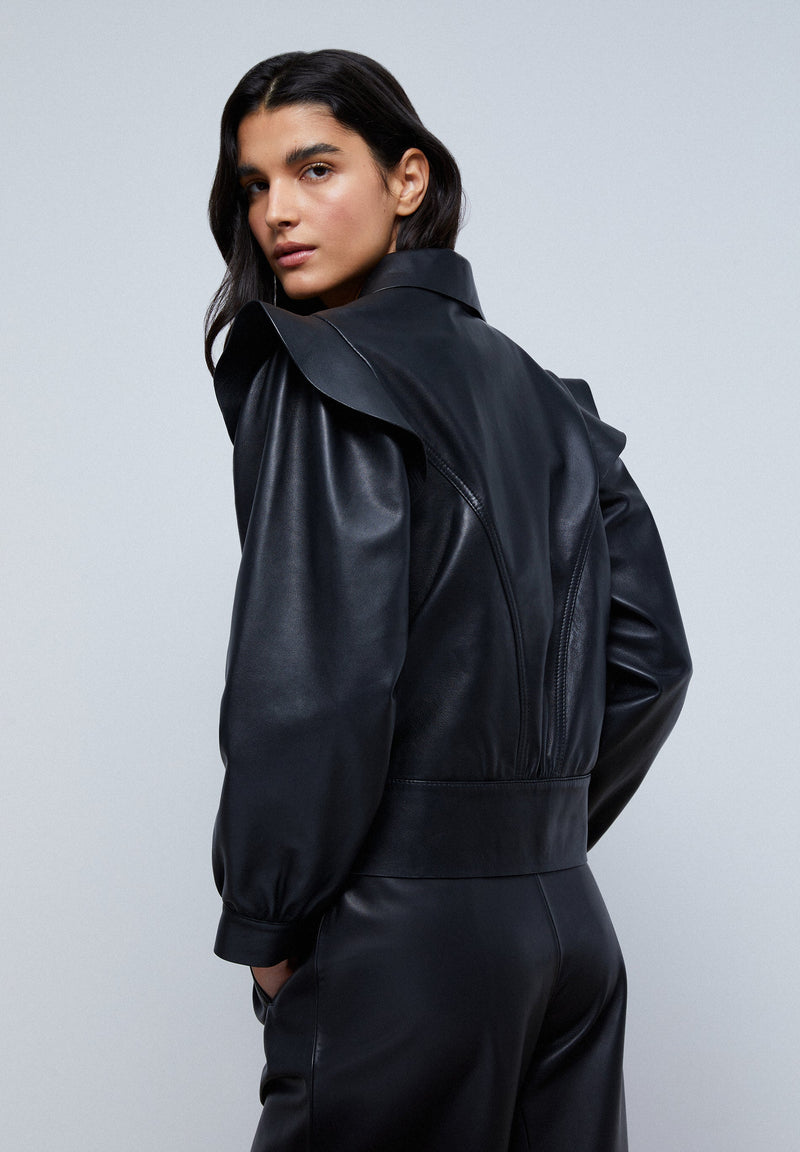 LEATHER JACKET WITH SHOULDER FRILL