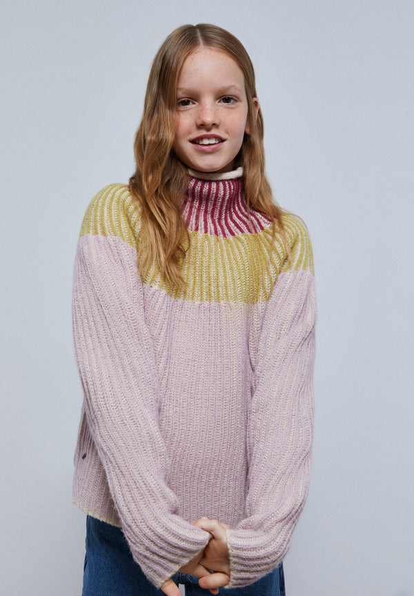 THREE-COLOURED RIBBED KNIT SWEATER