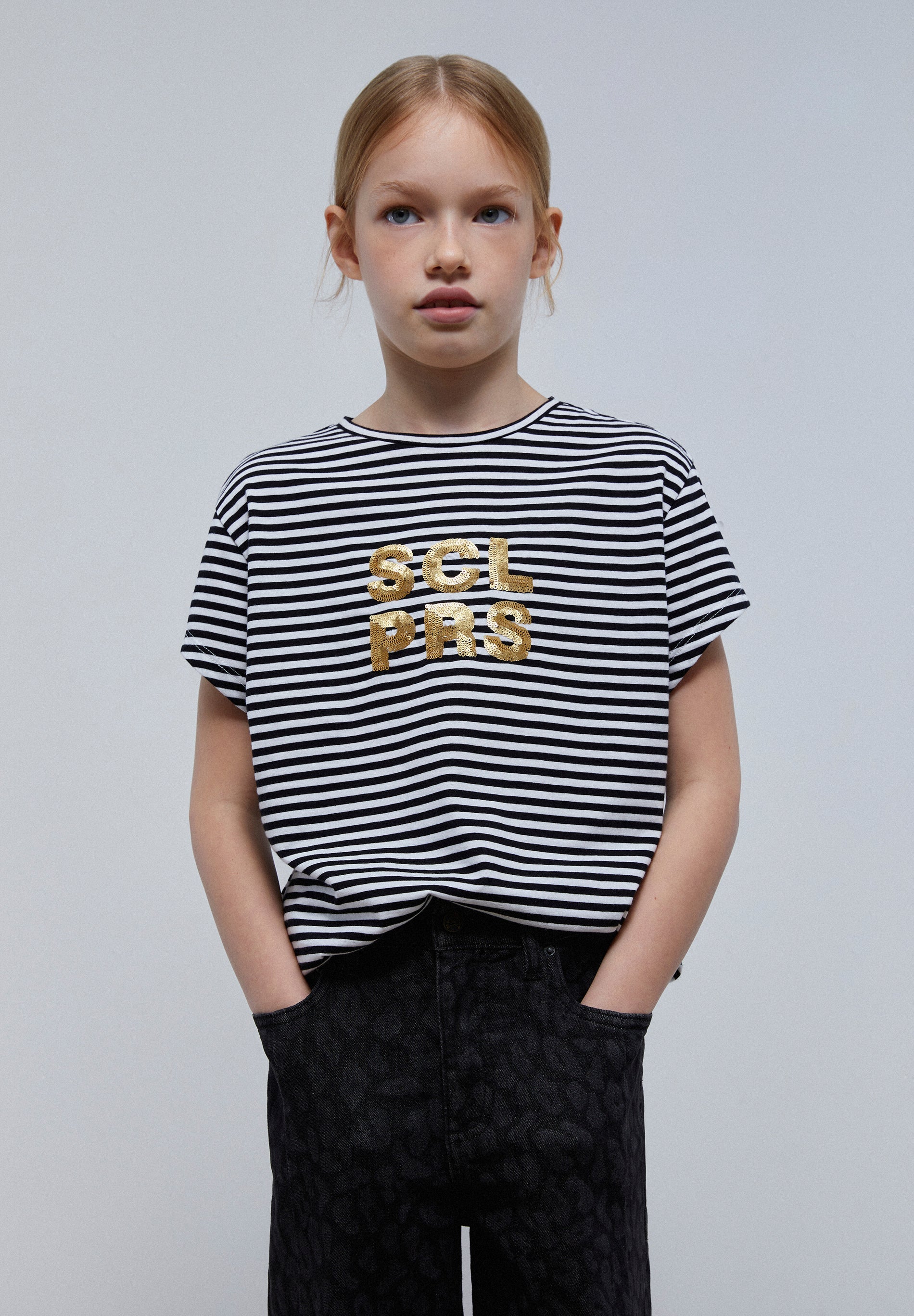 STRIPED T-SHIRT WITH SEQUIN LOGO