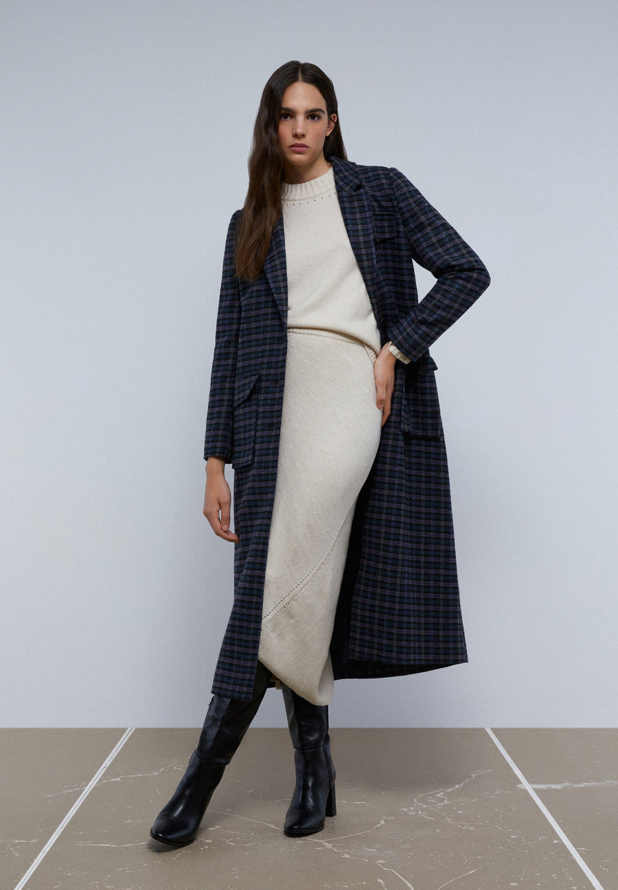 LONG CHECKED COAT WITH POCKETS