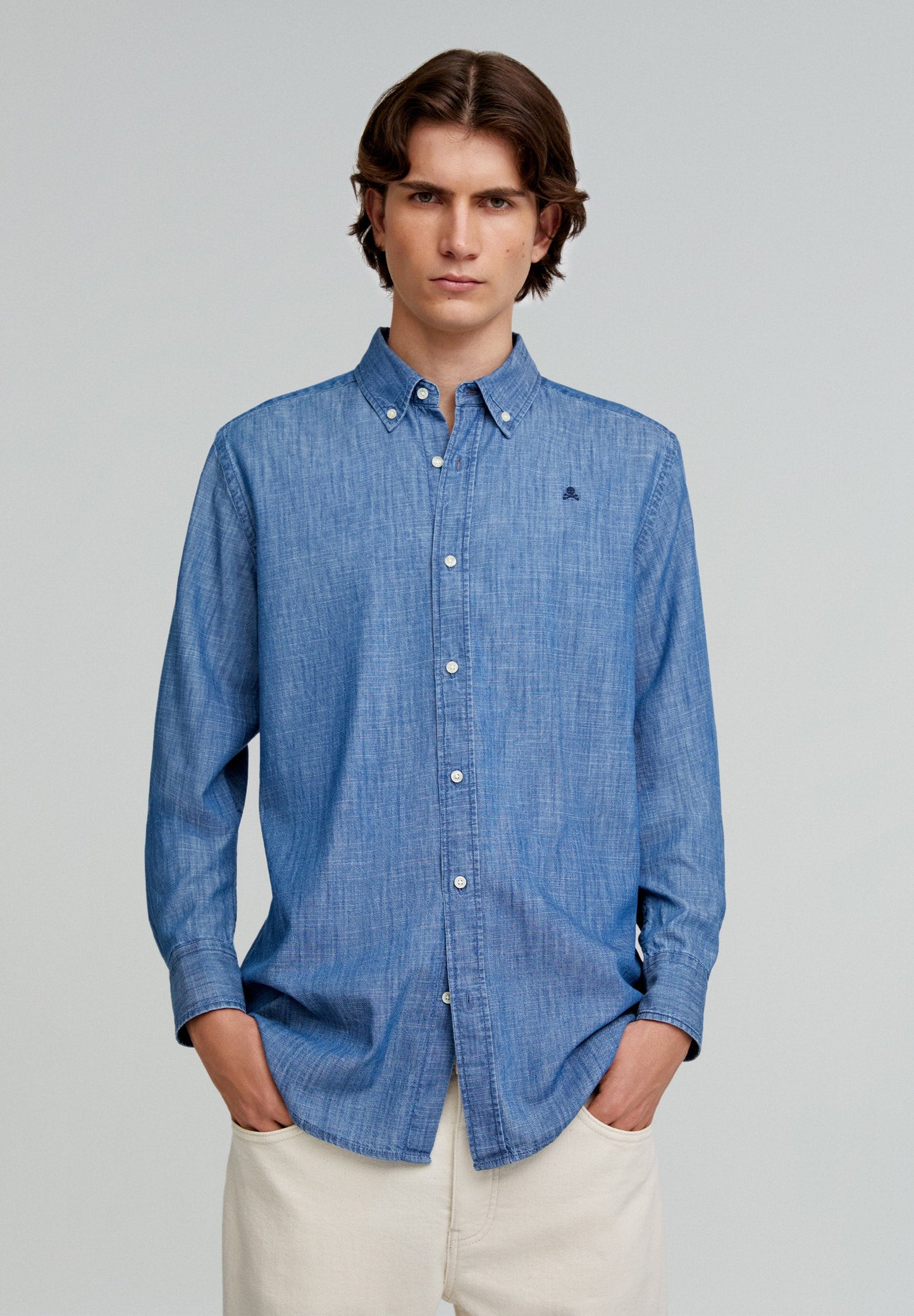 BUTTON-DOWN COLLAR DENIM SKULL SHIRT