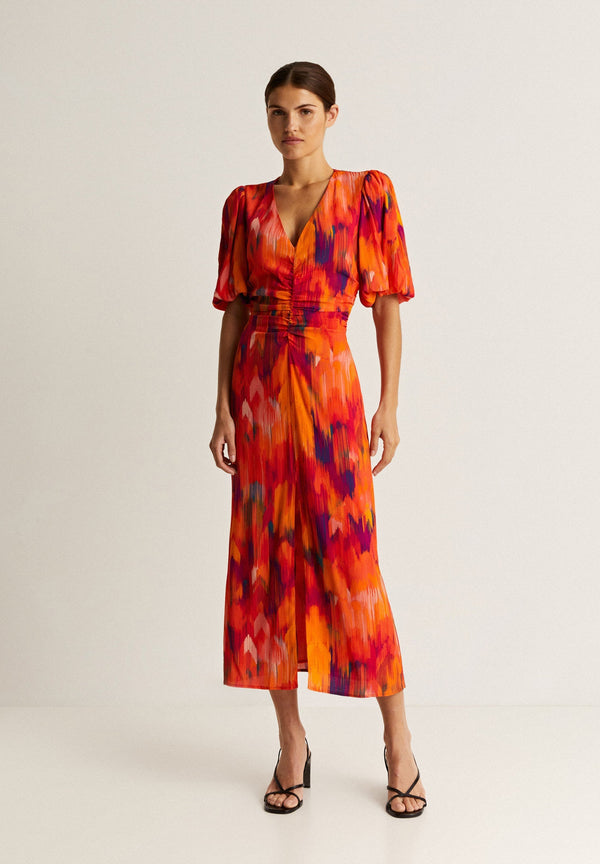 PRINTED DRESS WITH FRONT GATHERING