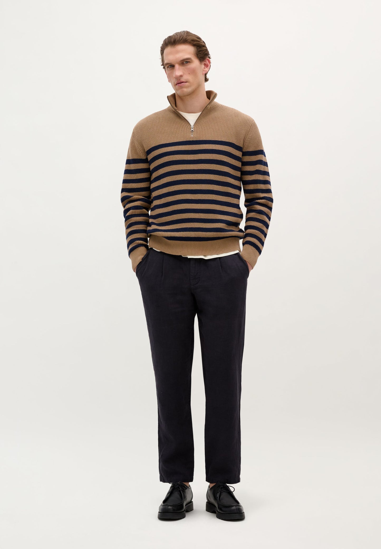 STRIPED RIB-KNIT SWEATER WITH ZIP