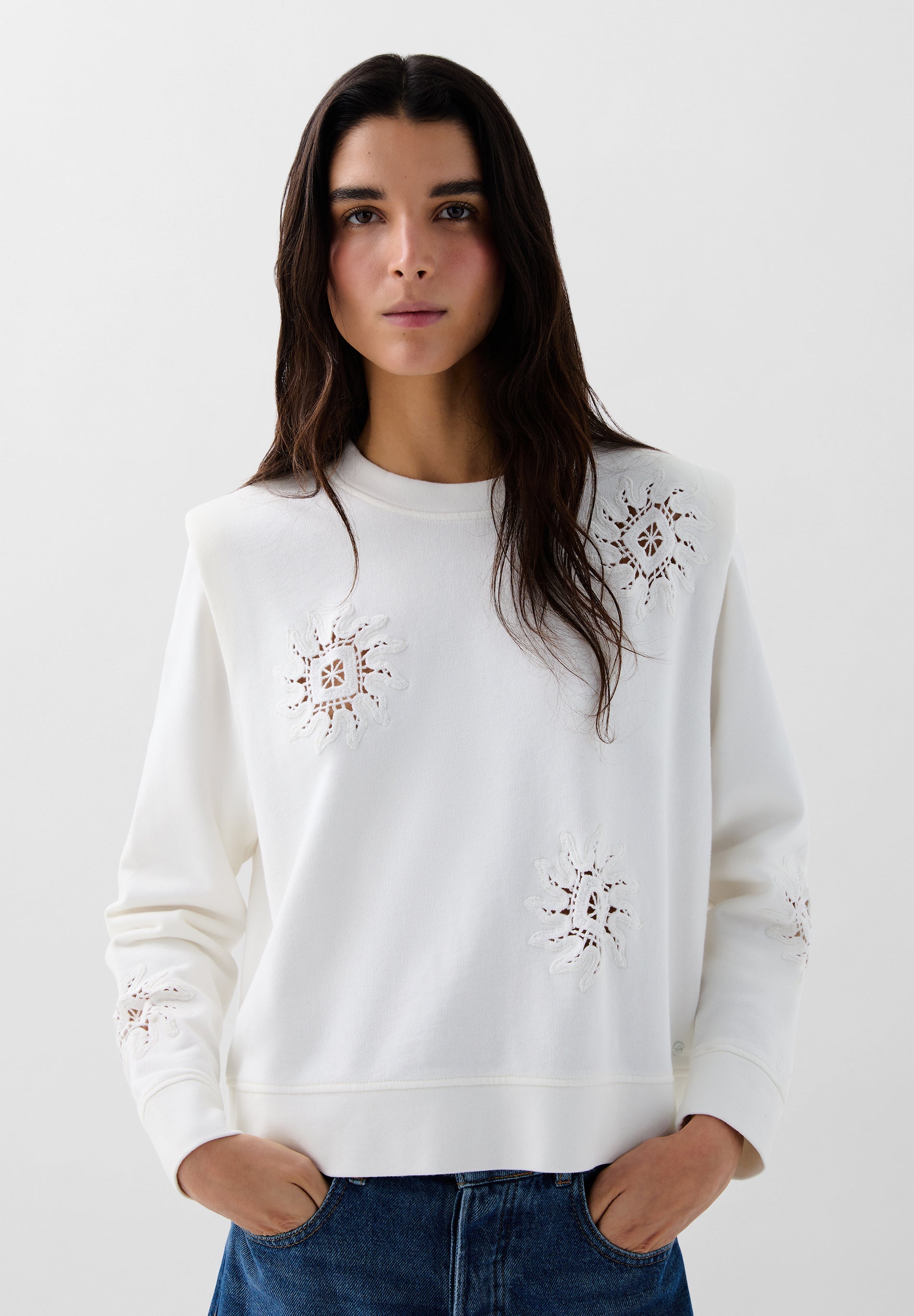 SWEATSHIRT WITH SHOULDER PADS AND CROCHET DETAILS