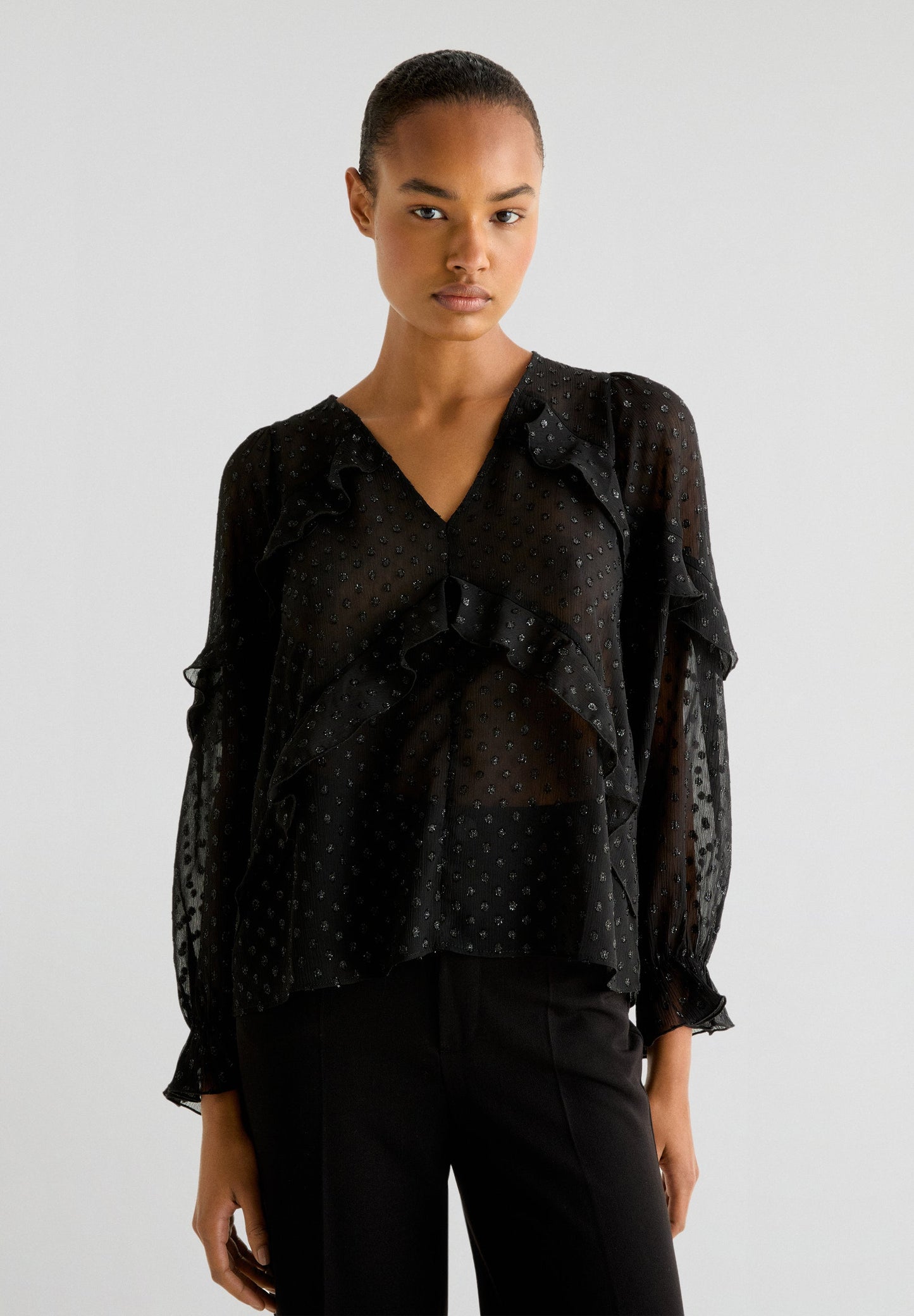 SHIMMERY SEMI-SHEER BLOUSE WITH RUFFLES