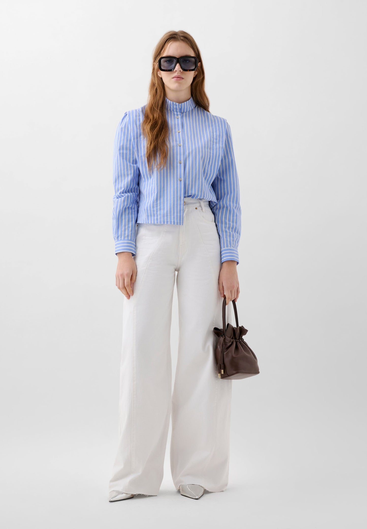 STRIPED SHIRT WITH RUCHED SHOULDER