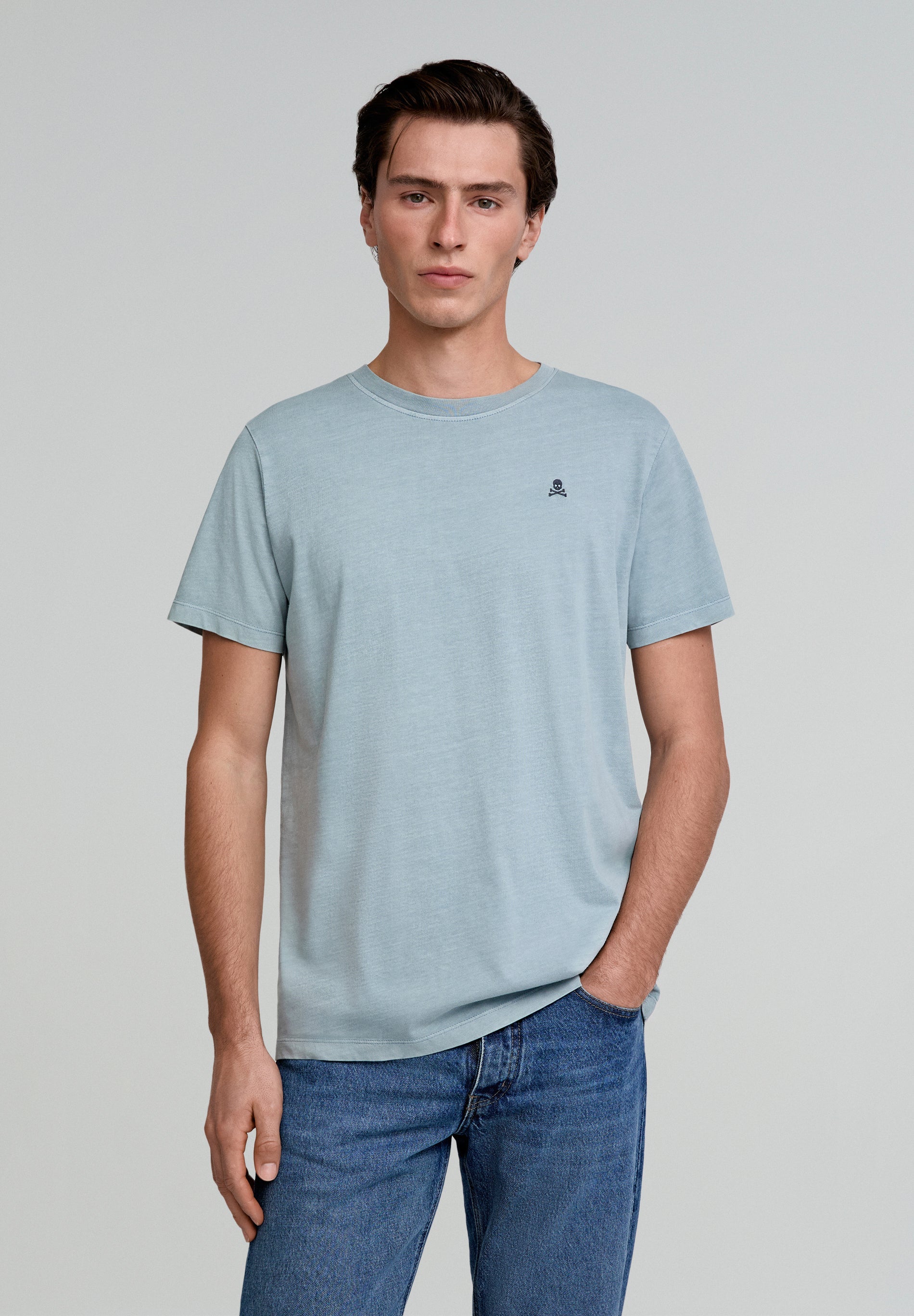 FADED T-SHIRT WITH EMBROIDERED SKULL